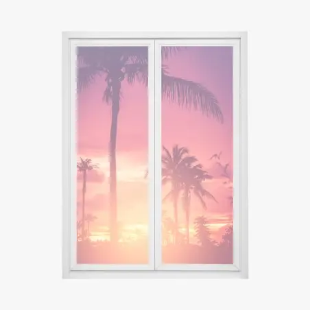 Pegatina para ventana atardecer tropical entre palmeras – Pixers®