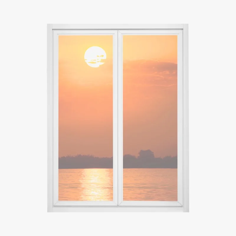 Pegatina para ventana atardecer naranja sobre el lago con silueta de bosque