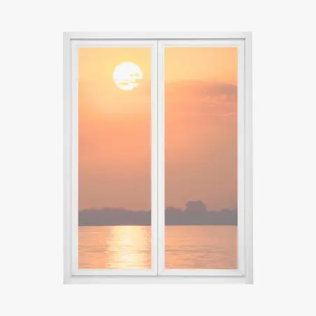 Pegatina para ventana atardecer naranja sobre el lago con silueta de bosque – Pixers®