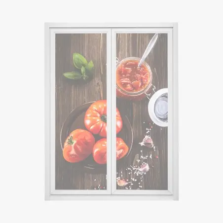 Pegatina para ventana tomates maduros y salsa casera sobre madera rústica – Pixers®