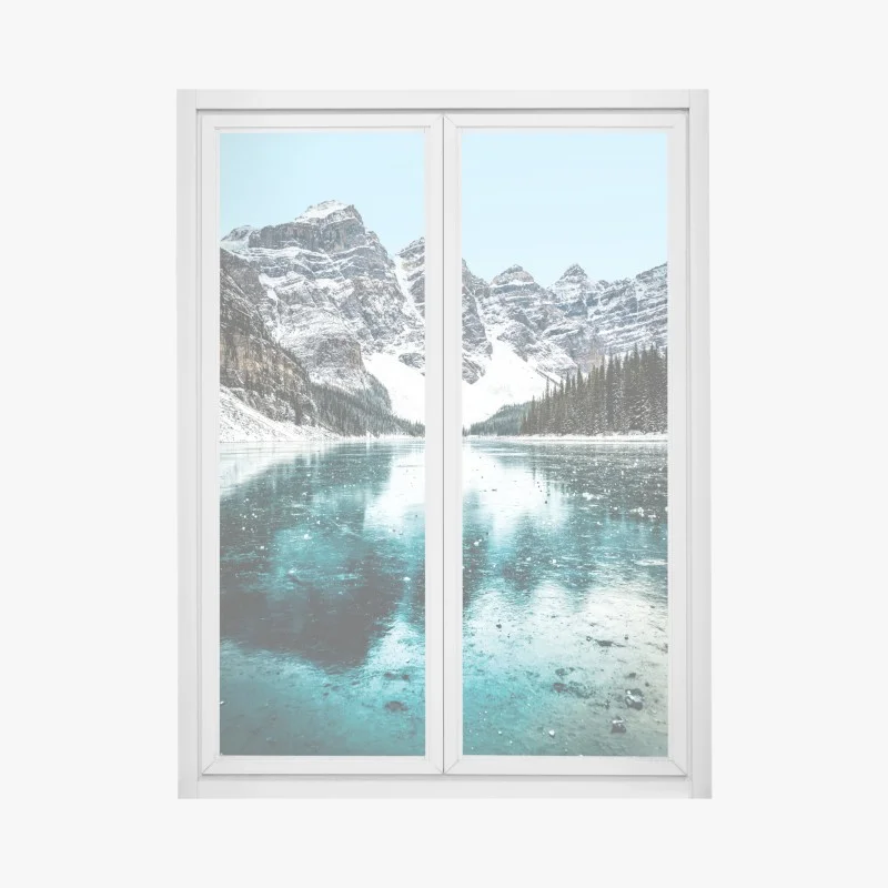 Pegatina para ventana paisaje invernal de montañas y lago turquesa