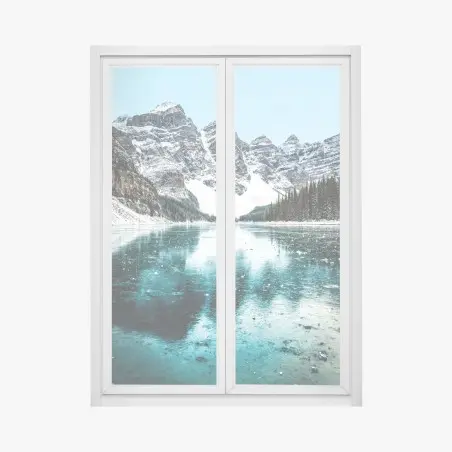 Pegatina para ventana paisaje invernal de montañas y lago turquesa – Pixers®