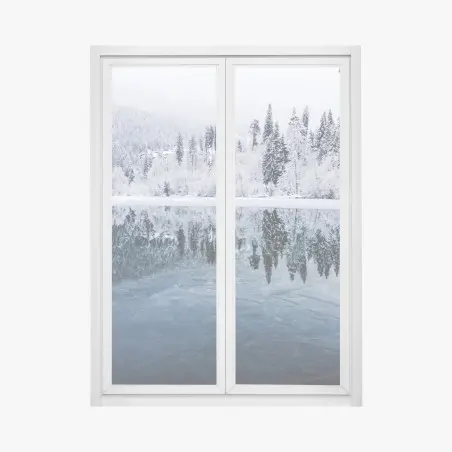Pegatina para ventana serenidad invernal: bosque nevado reflejado – Pixers®