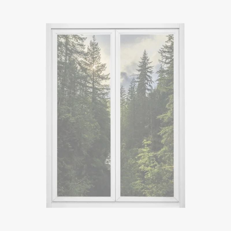 Pegatina para ventana panorámica de bosque y cascada al amanecer