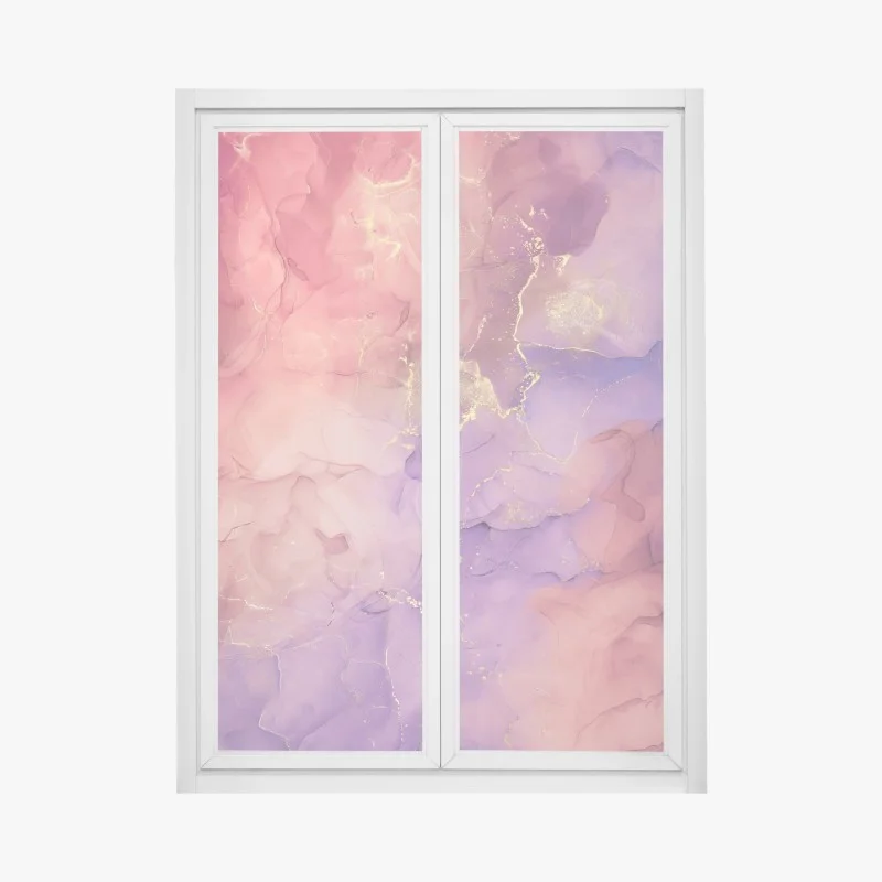 Pegatina para ventana ensueño abstracto en rosa y morado con vetas doradas