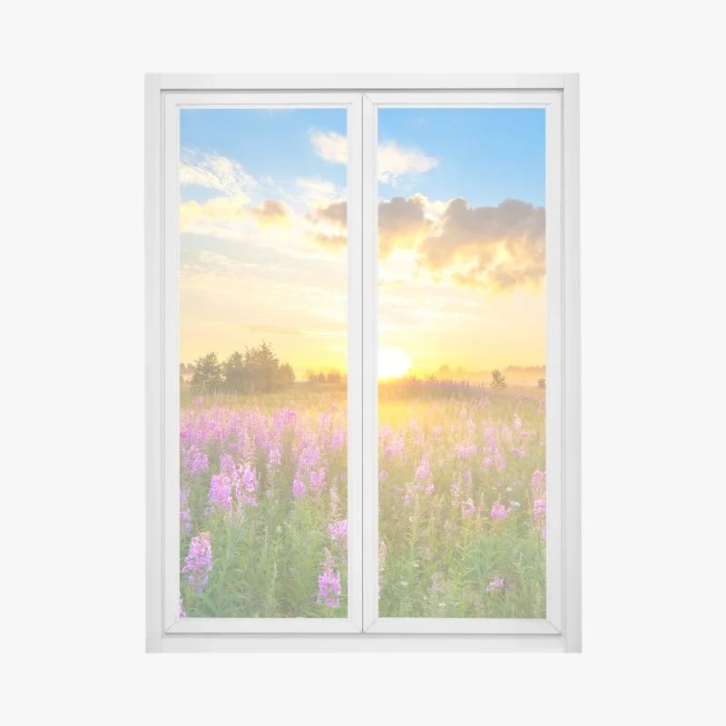 Pegatina para ventana amanecer en pradera florecida