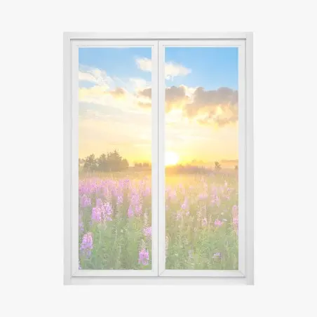 Pegatina para ventana amanecer en pradera florecida – Pixers®