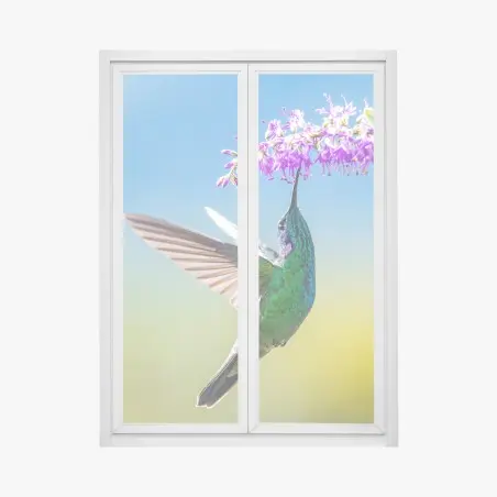 Pegatina para ventana colibrí esmeralda sobre flor violeta – Pixers®