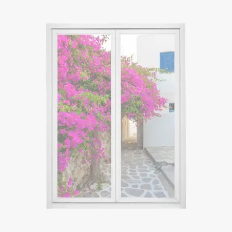 Pegatina para ventana callejón en Naousa, Paros con buganvillas fucsias – Pixers®
