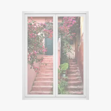 Pegatina para ventana escalera florida entre muros rosados – Pixers®