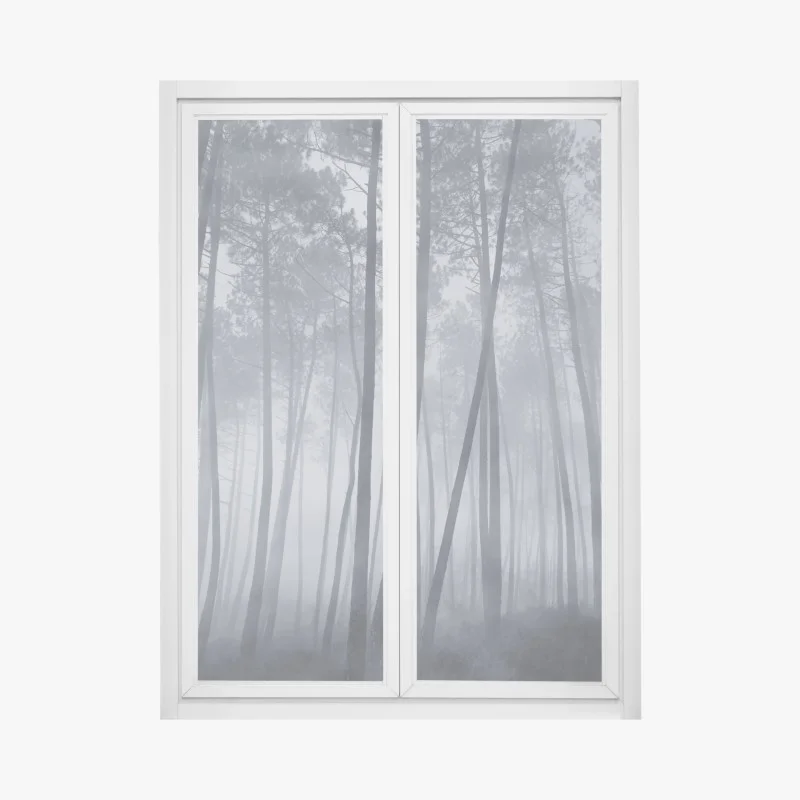 Pegatina para ventana bosque de pinos en niebla nocturna