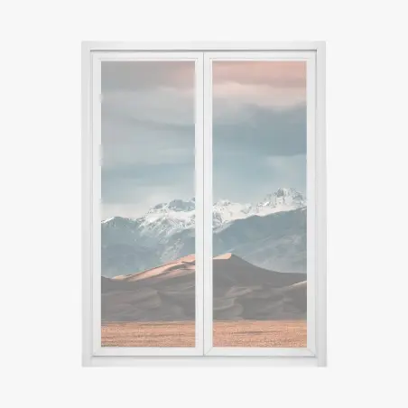 Pegatina para ventana dunas doradas frente a montañas nevadas – Pixers®