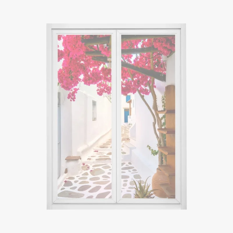 Pegatina para ventana calle mediterránea con buganvillas rosas