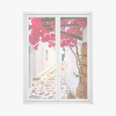 Pegatina para ventana calle mediterránea con buganvillas rosas – Pixers®