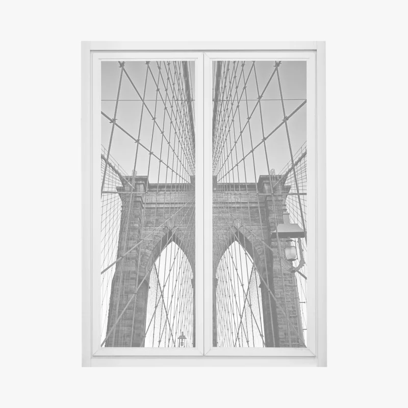Pegatina para ventana perspectiva arquitectónica del puente de Brooklyn en blanco y negro
