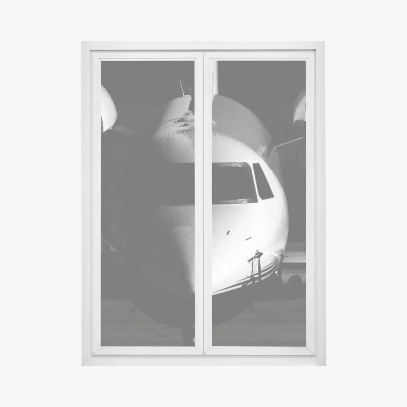 Pegatina para ventana avión privado en primer plano en blanco y negro