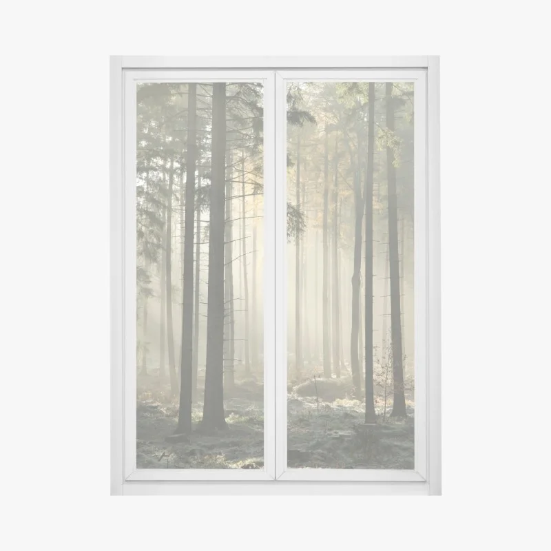 Pegatina para ventana bosque brumoso al amanecer
