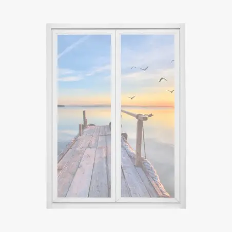 Pegatina para ventana muelle al atardecer sobre lago tranquilo – Pixers®