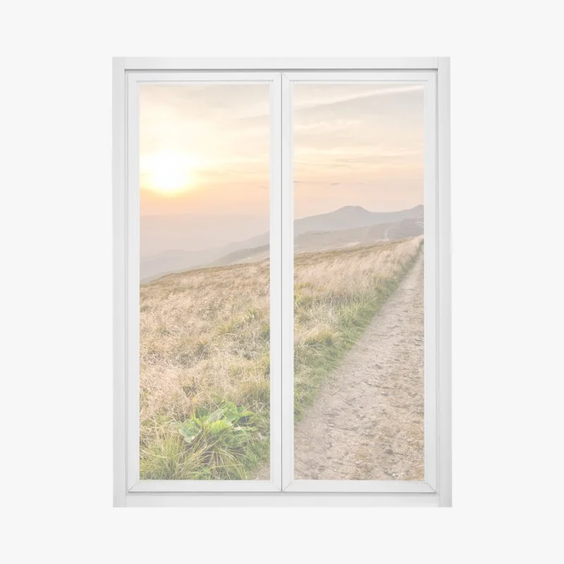 Pegatina para ventana atardecer dorado en Bieszczady, camino entre montañas