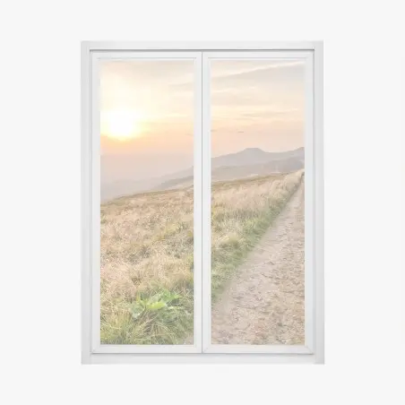 Pegatina para ventana atardecer dorado en Bieszczady, camino entre montañas – Pixers®