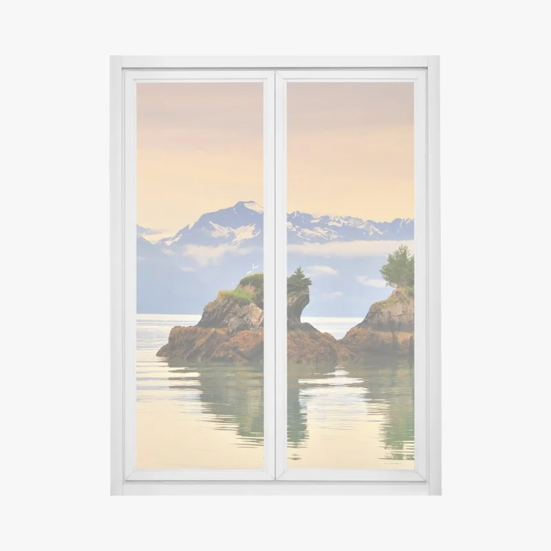 Pegatina para ventana islote solitario entre montañas nevadas