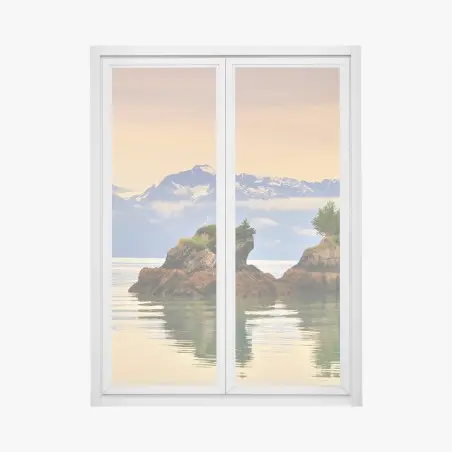 Pegatina para ventana islote solitario entre montañas nevadas – Pixers®