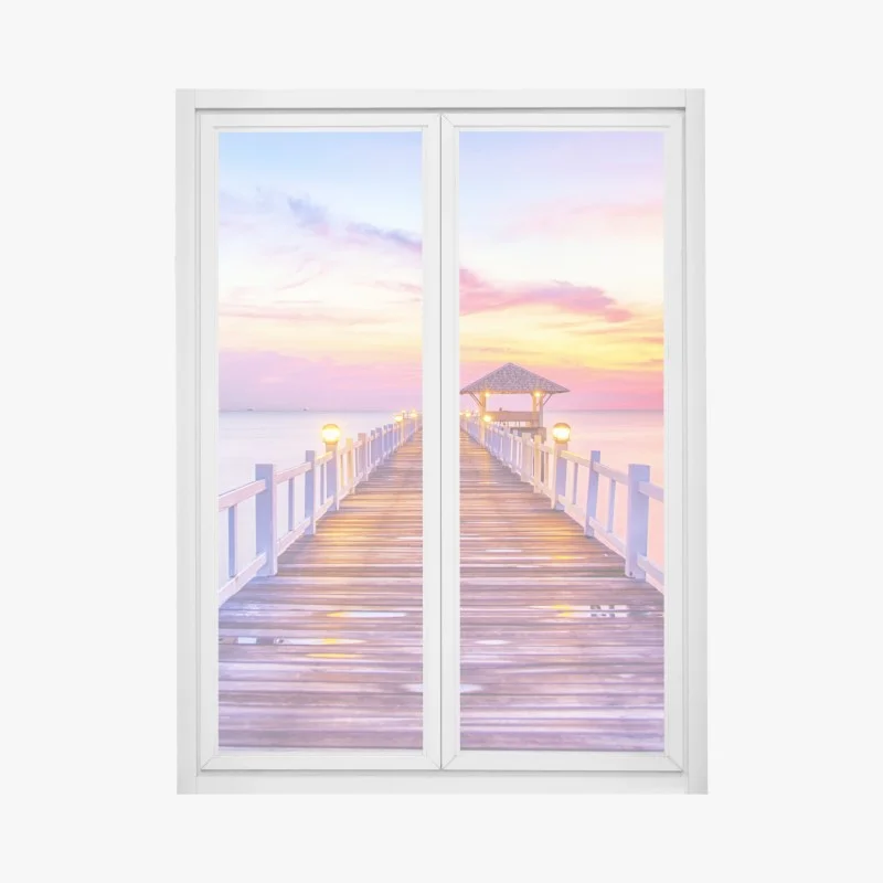 Pegatina para ventana muelle al atardecer con cielo colorido