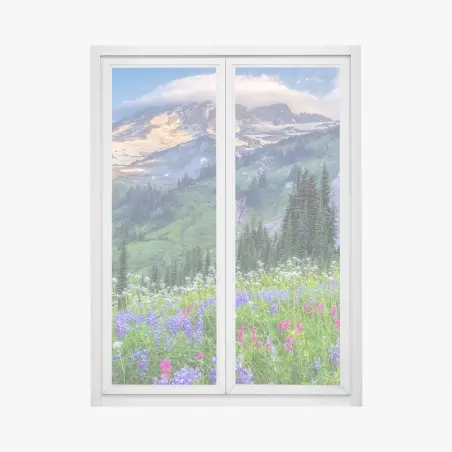 Pegatina para ventana paisaje alpino de flores silvestres al atardecer – Pixers®