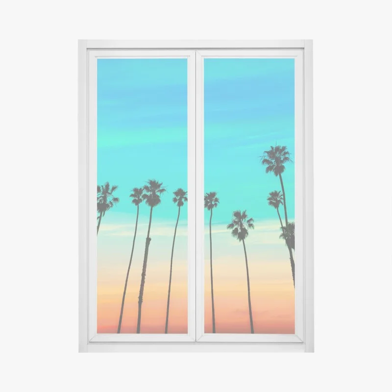 Pegatina para ventana atardecer en Santa Barbara con palmeras