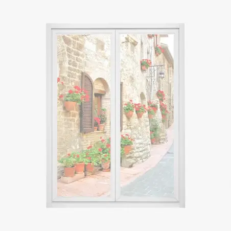 Pegatina para ventana callejón florido en pueblo rústico – Pixers®