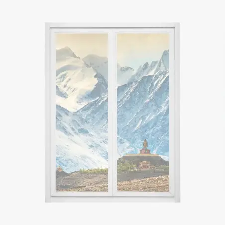 Pegatina para ventana santuario budista sobre las montañas nevadas – Pixers®