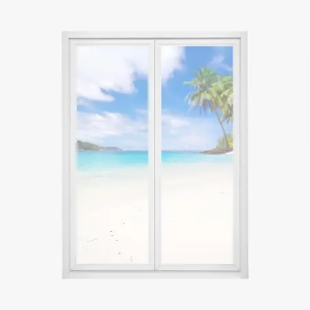 Pegatina para ventana playa tropical con palmeras y agua turquesa – Pixers®