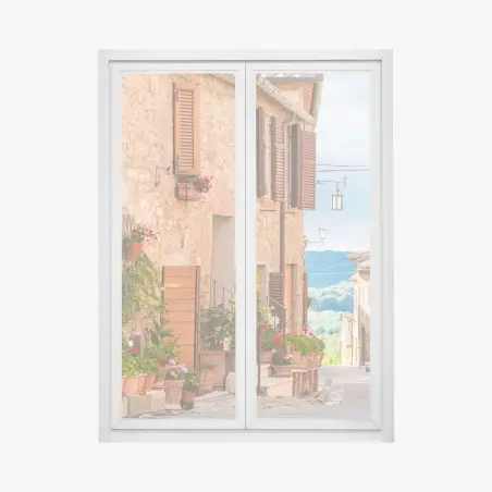 Pegatina para ventana calle medieval en Toscana con macetas y flores – Pixers®