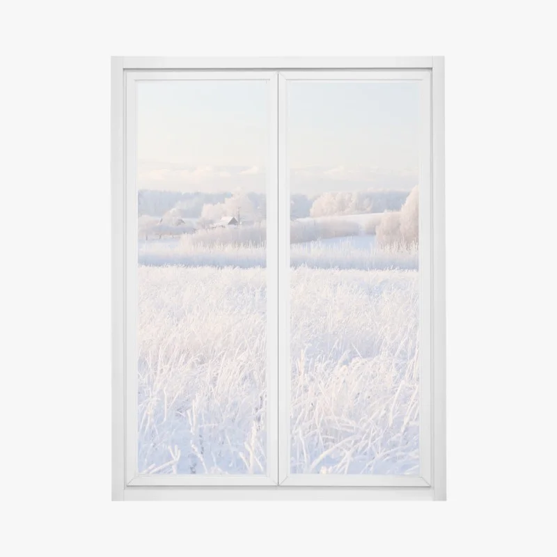 Pegatina para ventana paisaje invernal con escarcha y luz suave
