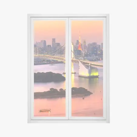 Pegatina para ventana paisaje urbano de Tokio al atardecer con puente iluminado – Pixers®