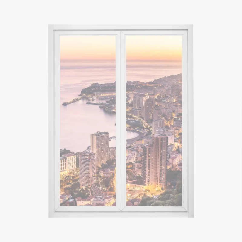 Pegatina para ventana panorámica costera urbana al atardecer