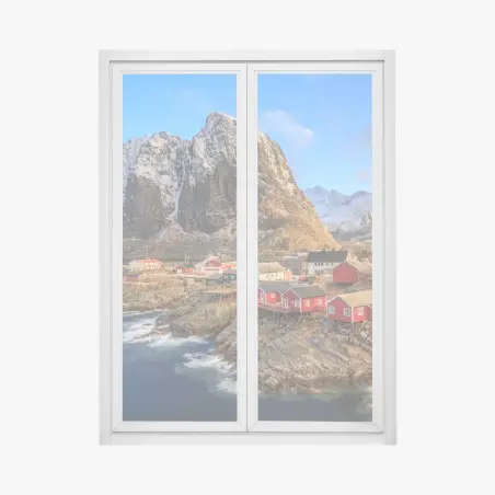 Pegatina para ventana pueblo costero en Noruega entre montañas nevadas – Pixers®