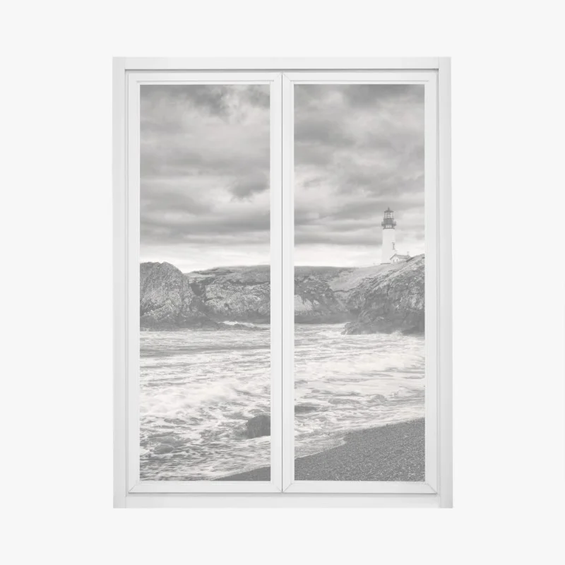 Pegatina para ventana impresión en blanco y negro del faro de Yaquina Bay