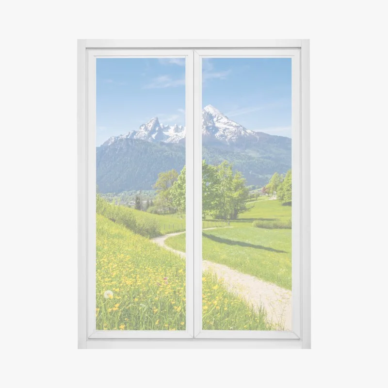 Pegatina para ventana paisaje alpino con sendero entre praderas floridas
