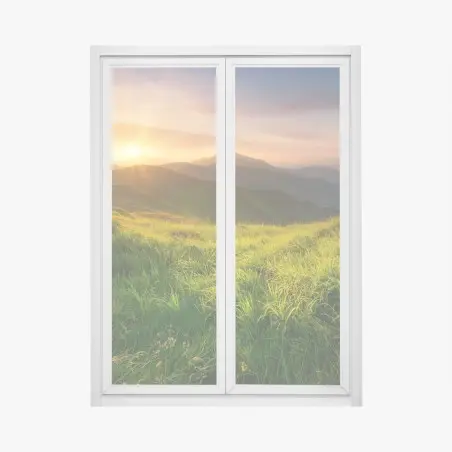Pegatina para ventana amanecer dorado en el valle montañoso – Pixers®