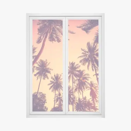 Pegatina para ventana atardecer tropical vintage con palmeras – Pixers®