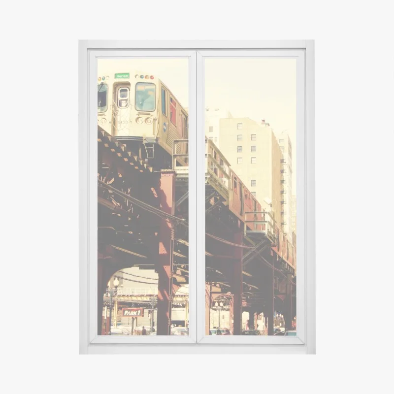 Pegatina para ventana vibrante escena urbana con tren elevado en Chicago