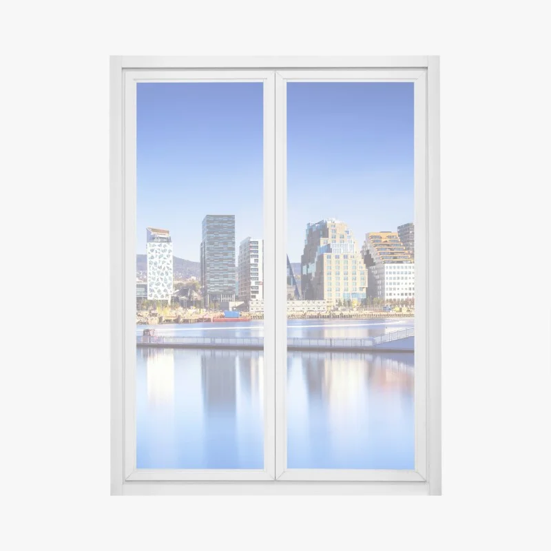 Pegatina para ventana horizonte urbano moderno frente al agua