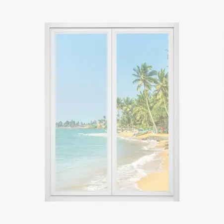 Pegatina para ventana playa tropical con palmeras y barcas – Pixers®