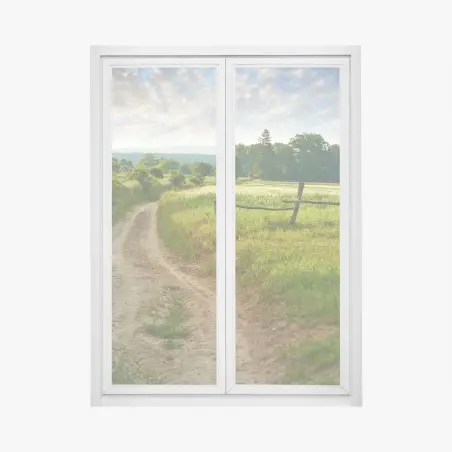 Pegatina para ventana camino rural entre prados al amanecer – Pixers®