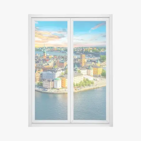 Pegatina para ventana panorámica costera de Estocolmo al atardecer – Pixers®