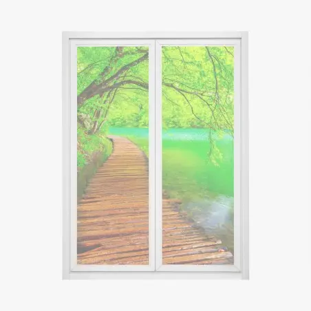 Pegatina para ventana sendero de madera junto al lago en bosque verde – Pixers®