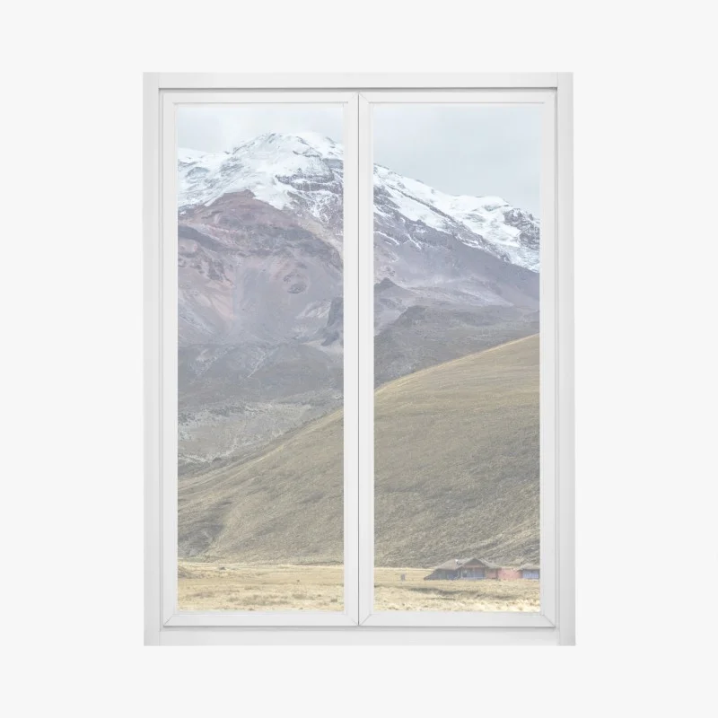 Pegatina para ventana paisaje montañoso nevado con valle dorado
