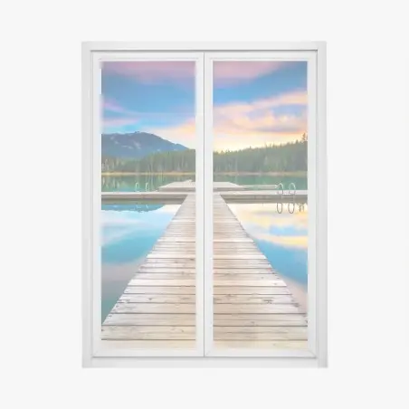 Pegatina para ventana muelle sobre lago montañoso al atardecer – Pixers®