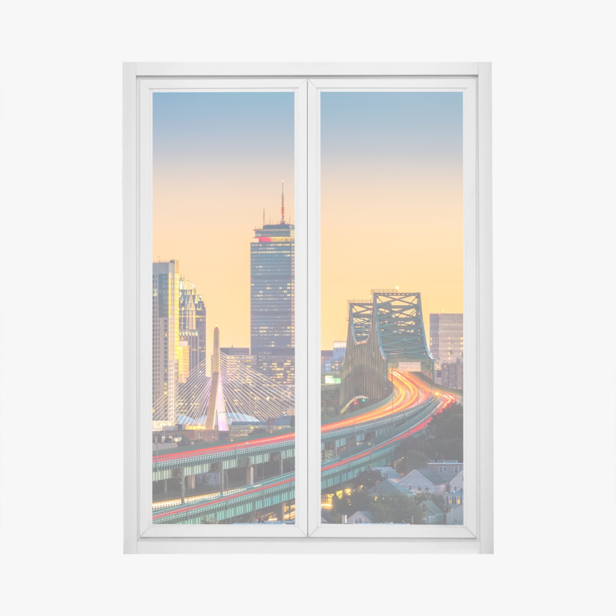 Pegatina para ventana puesta de sol sobre el puente Tobin y el skyline de Boston – Pixers®